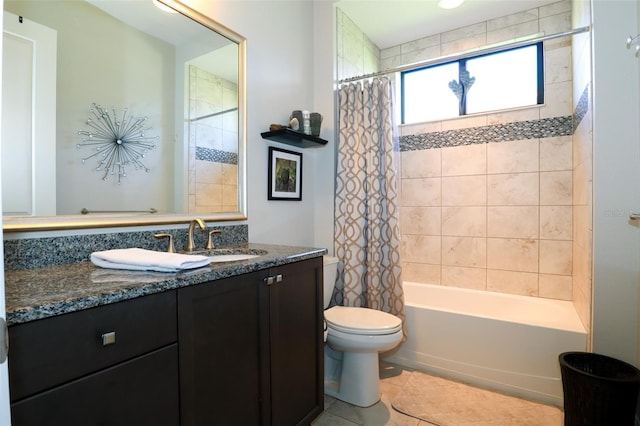 full bathroom with shower / bathtub combination with curtain, tile patterned flooring, toilet, and vanity