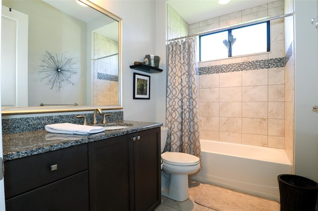 bathroom with toilet, tile patterned floors, vanity, and shower / tub combo with curtain