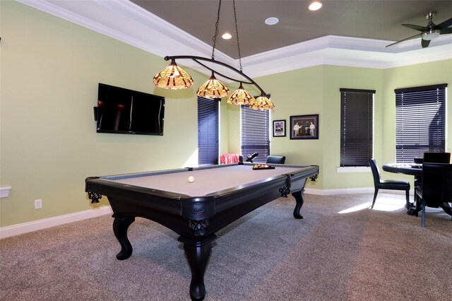 playroom featuring billiards, ornamental molding, ceiling fan, carpet flooring, and a tray ceiling