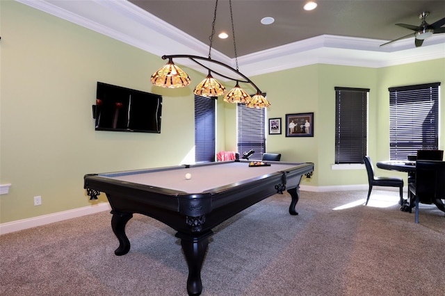 recreation room featuring ornamental molding, light carpet, and baseboards