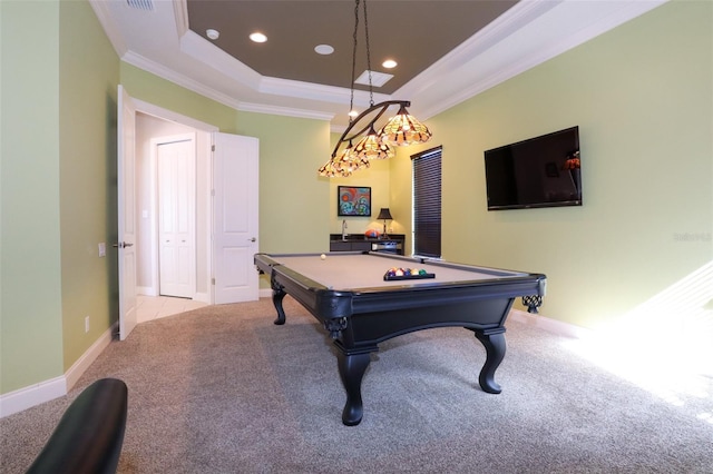 rec room featuring light carpet, baseboards, a raised ceiling, crown molding, and recessed lighting