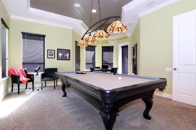 game room with baseboards, visible vents, pool table, carpet, and crown molding