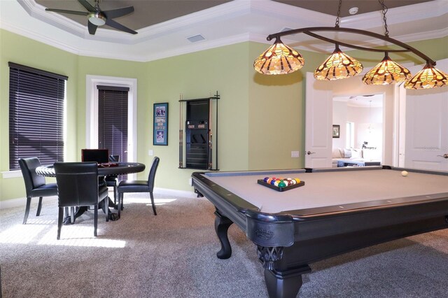 rec room featuring light colored carpet, pool table, visible vents, ornamental molding, and a tray ceiling