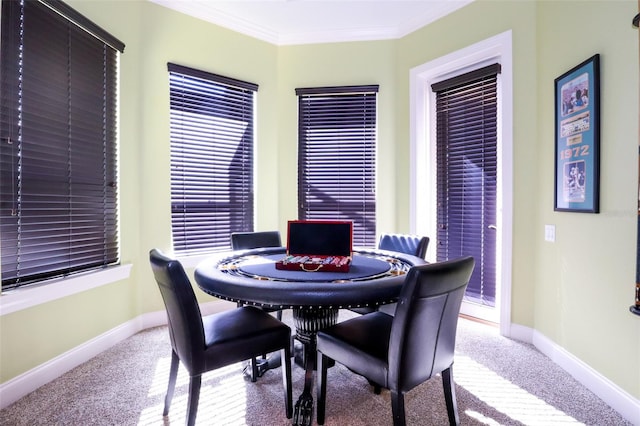 dining area featuring crown molding and carpet