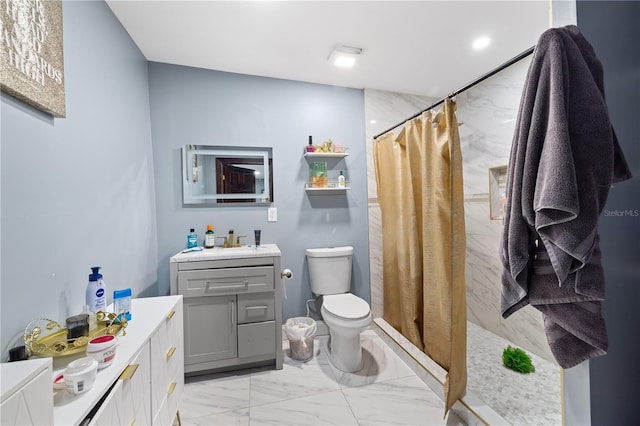 full bathroom with toilet, marble finish floor, vanity, and a shower with shower curtain