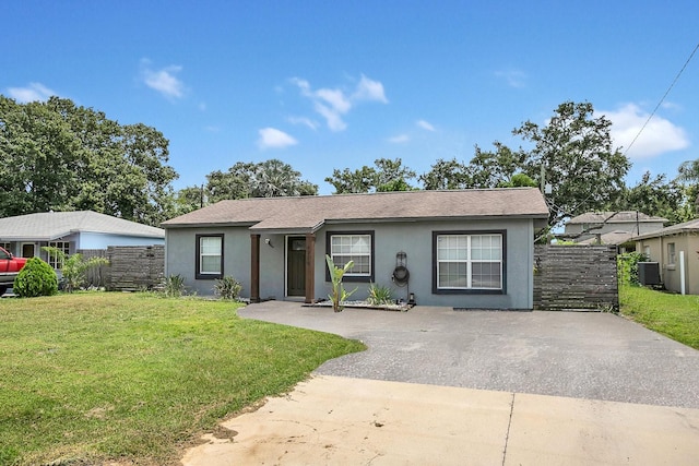 ranch-style house with central AC and a front yard