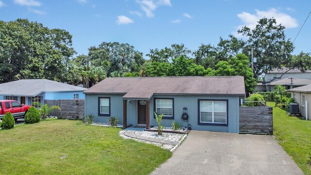 single story home featuring central AC and a front lawn