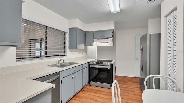 kitchen with a textured ceiling, appliances with stainless steel finishes, light hardwood / wood-style floors, gray cabinetry, and sink