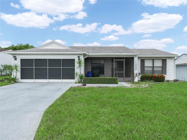 single story home with a front lawn and a garage