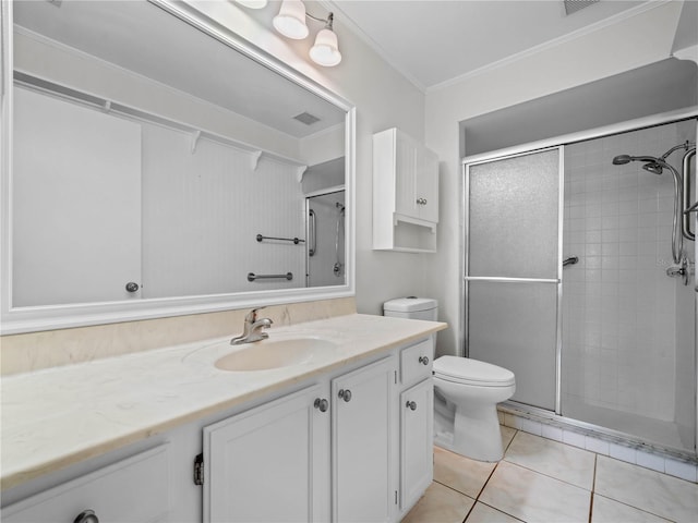 bathroom with visible vents, a shower stall, toilet, and ornamental molding