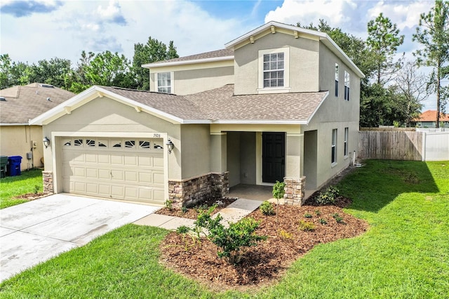 front facade with a garage and a front lawn