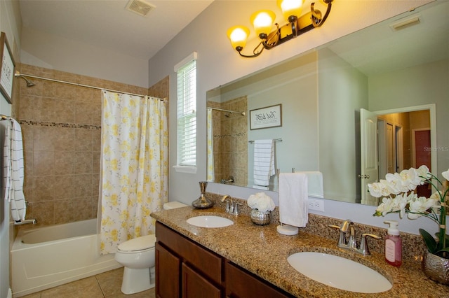 bathroom with toilet, shower / bathtub combination with curtain, visible vents, and a sink