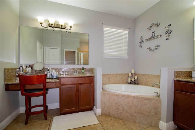 full bathroom with baseboards, tile patterned floors, a garden tub, vanity, and a shower stall