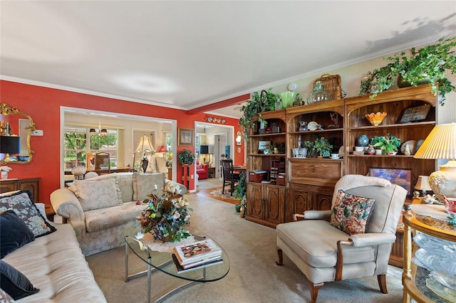 carpeted living room featuring ornamental molding