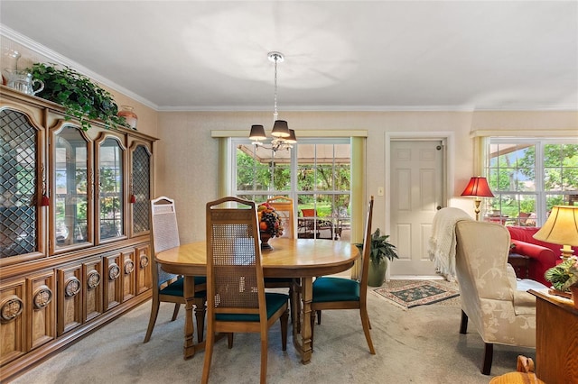 carpeted dining area with crown molding and an inviting chandelier