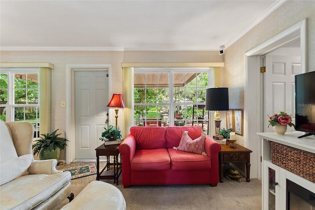 carpeted living room featuring crown molding