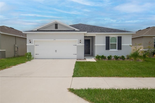 ranch-style house with a front lawn and a garage