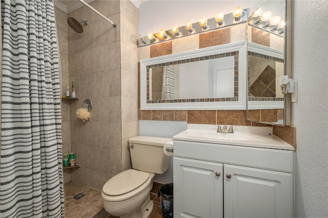 bathroom with a shower with curtain, toilet, ornamental molding, and vanity