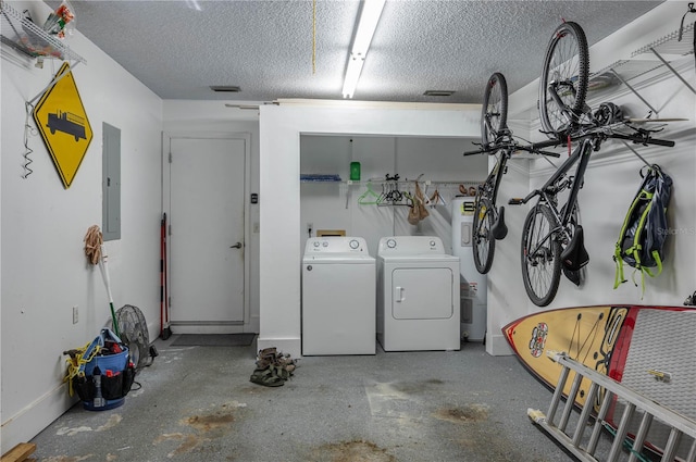 garage featuring electric water heater, washer and dryer, and electric panel