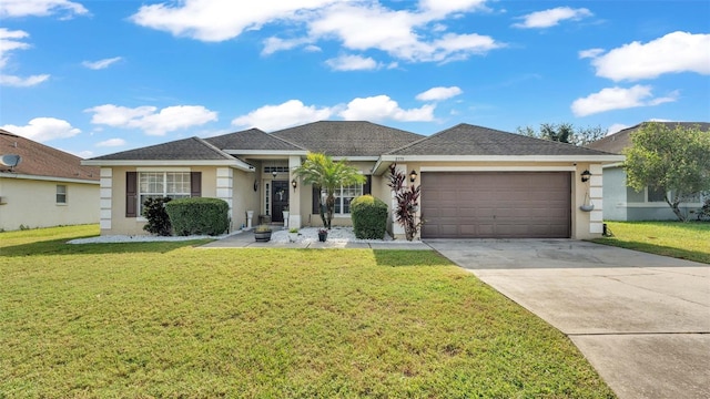 ranch-style home with a front lawn and a garage