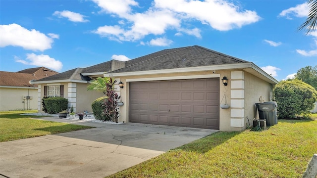 single story home featuring a front yard and a garage