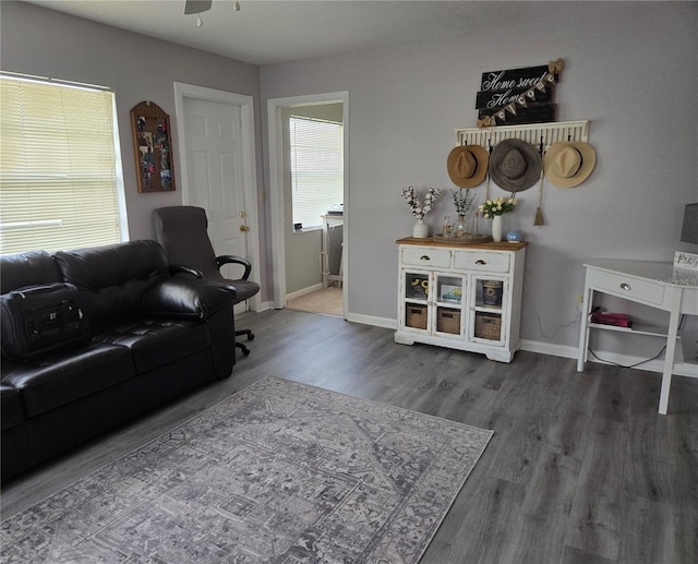 living room with a ceiling fan, baseboards, and wood finished floors