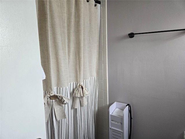 interior details with a shower with curtain