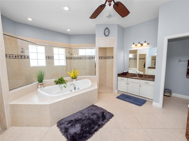 bathroom featuring separate shower and tub, ceiling fan, tile patterned flooring, and vanity