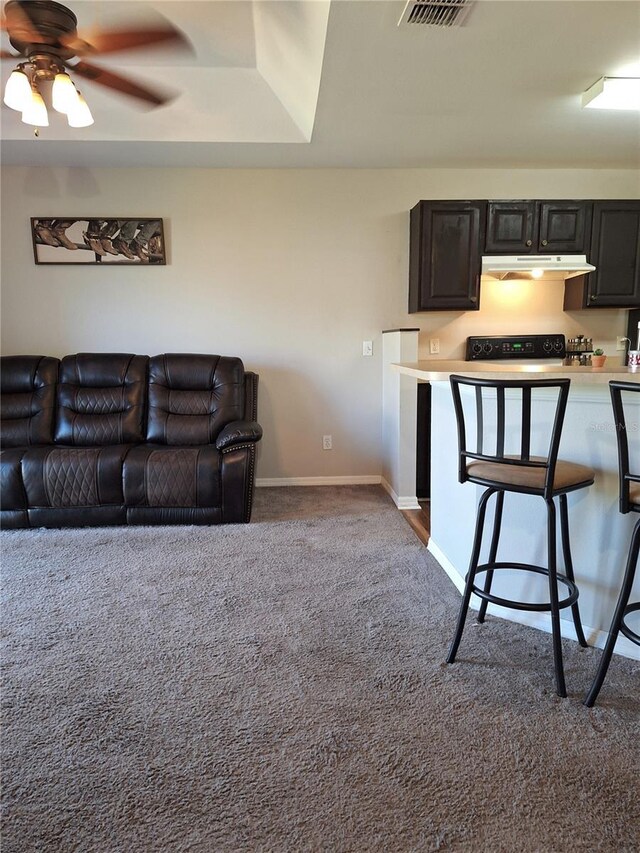 interior space with carpet, range, a tray ceiling, ceiling fan, and a breakfast bar area