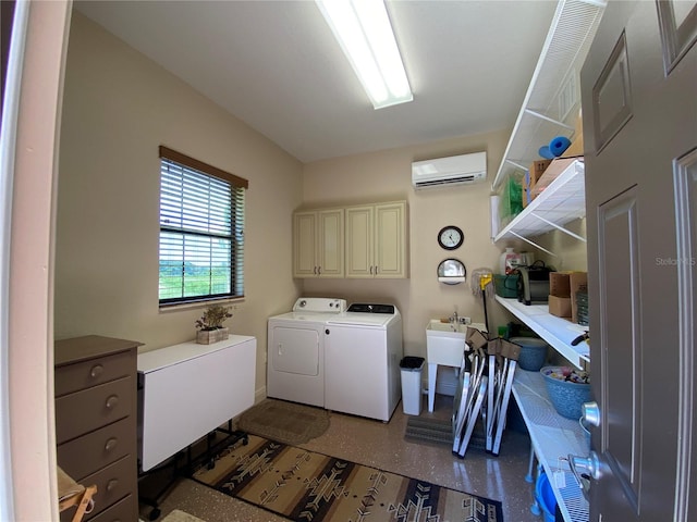 laundry area with separate washer and dryer, cabinets, and a wall unit AC