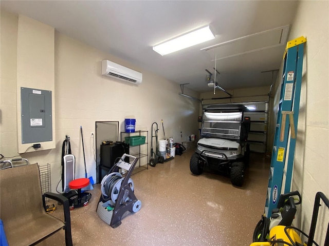 garage featuring a wall unit AC, concrete block wall, and electric panel