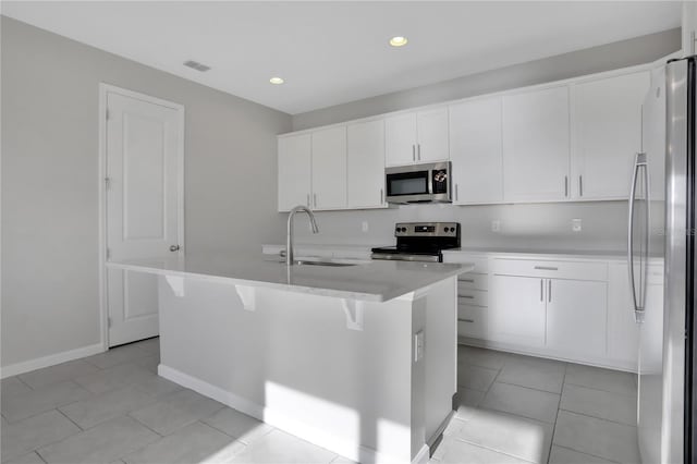 kitchen with sink, white cabinetry, stainless steel appliances, and a kitchen island with sink