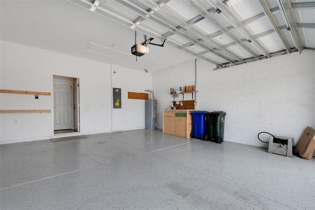 garage with a garage door opener, water heater, and electric panel