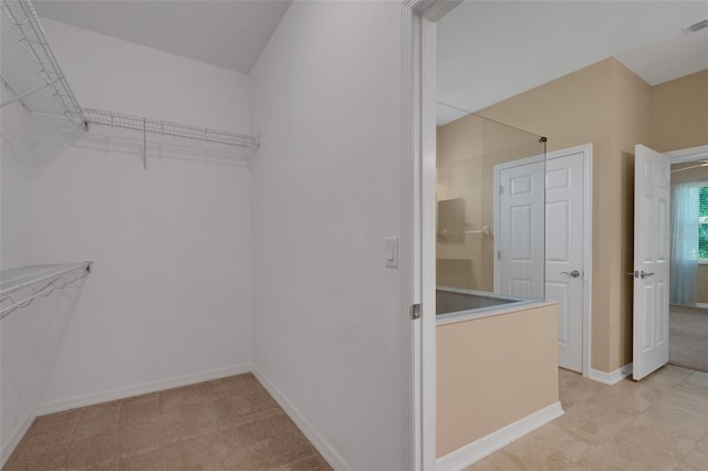 spacious closet featuring light colored carpet