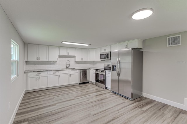 kitchen with visible vents, a sink, stainless steel appliances, white cabinetry, and backsplash