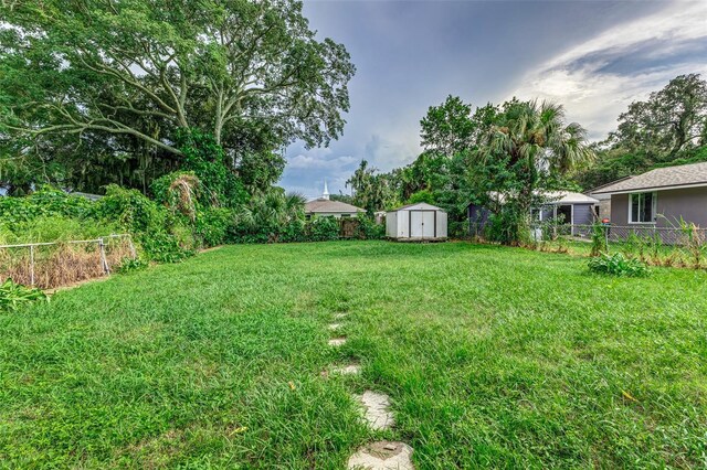 view of yard featuring a storage shed