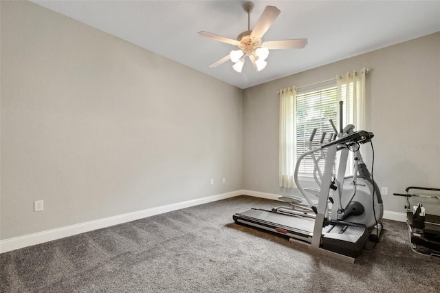 workout room featuring ceiling fan and carpet