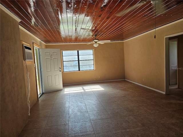 unfurnished room with ornamental molding, an AC wall unit, tile patterned floors, ceiling fan, and wood ceiling