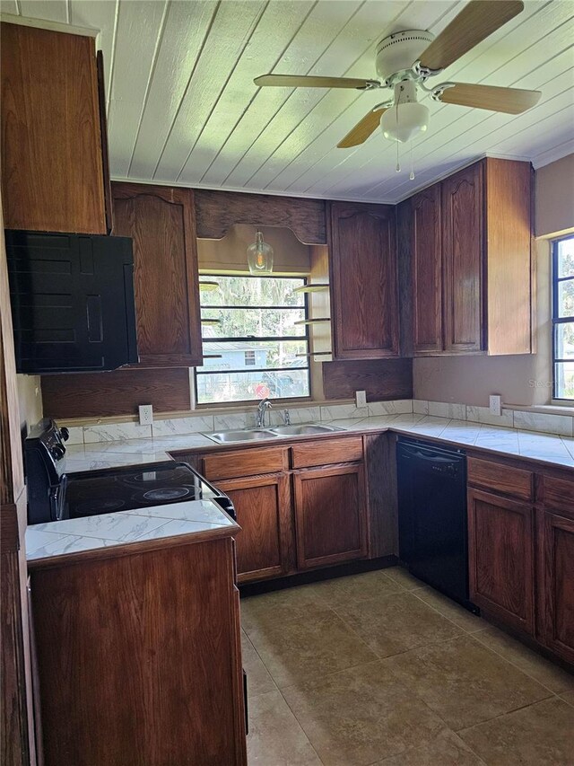 kitchen featuring black dishwasher, a ceiling fan, wooden ceiling, a sink, and range with electric stovetop