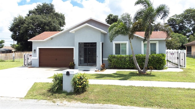 view of front of house featuring stucco siding, a front lawn, and fence