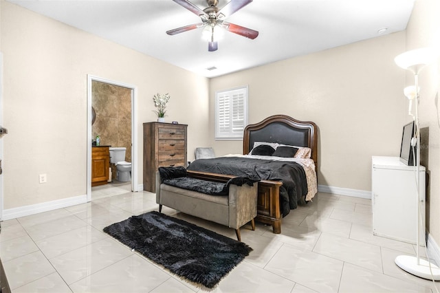 bedroom with ensuite bath, visible vents, baseboards, and ceiling fan