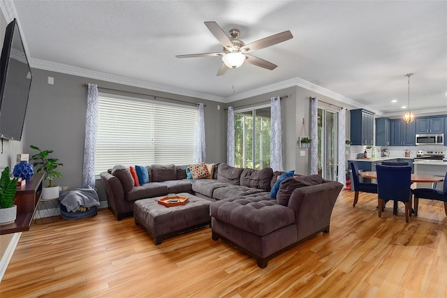 living room featuring ceiling fan, crown molding, and light hardwood / wood-style flooring