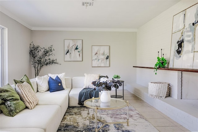 living room with crown molding and light tile patterned flooring