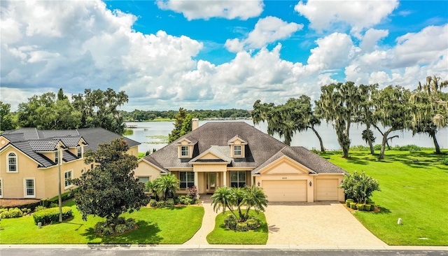 view of front of property featuring a garage, a front yard, and a water view