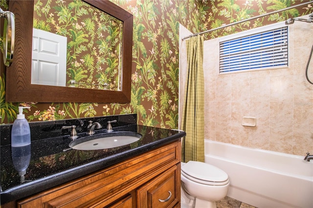 full bathroom with shower / bath combo, toilet, and vanity