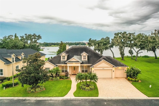 view of front of house featuring a front lawn and a garage