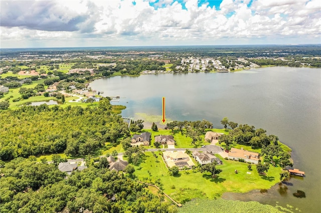 drone / aerial view with a water view