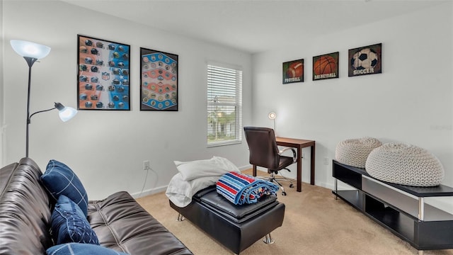 home office with baseboards and carpet flooring