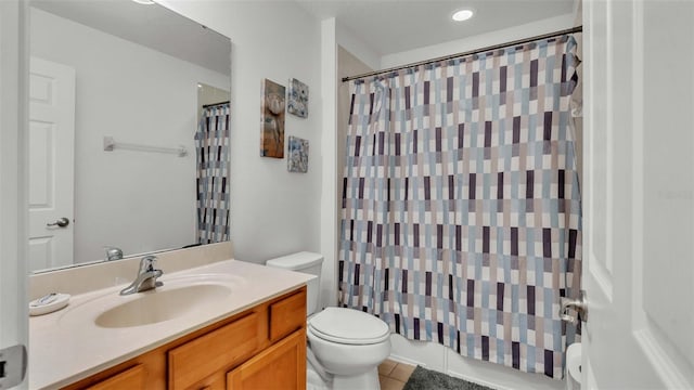 full bath featuring tile patterned flooring, vanity, toilet, and recessed lighting