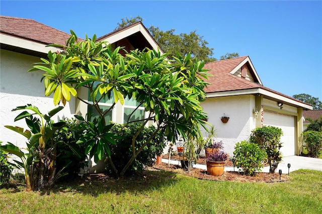 view of home's exterior featuring an attached garage, roof with shingles, concrete driveway, and stucco siding